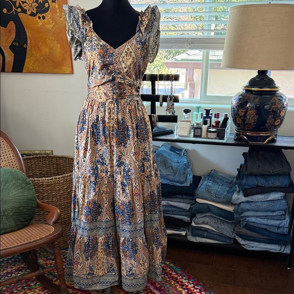 Caroline Constas Diamond Floral Ruffle Shoulder Smocked Boho Hippie Maxi Dress